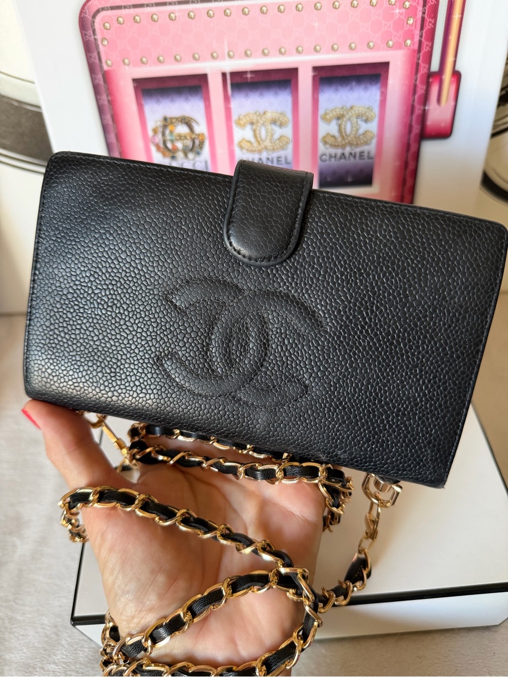 CHANEL Timeless Black Caviar Leather CC Logo Wallet